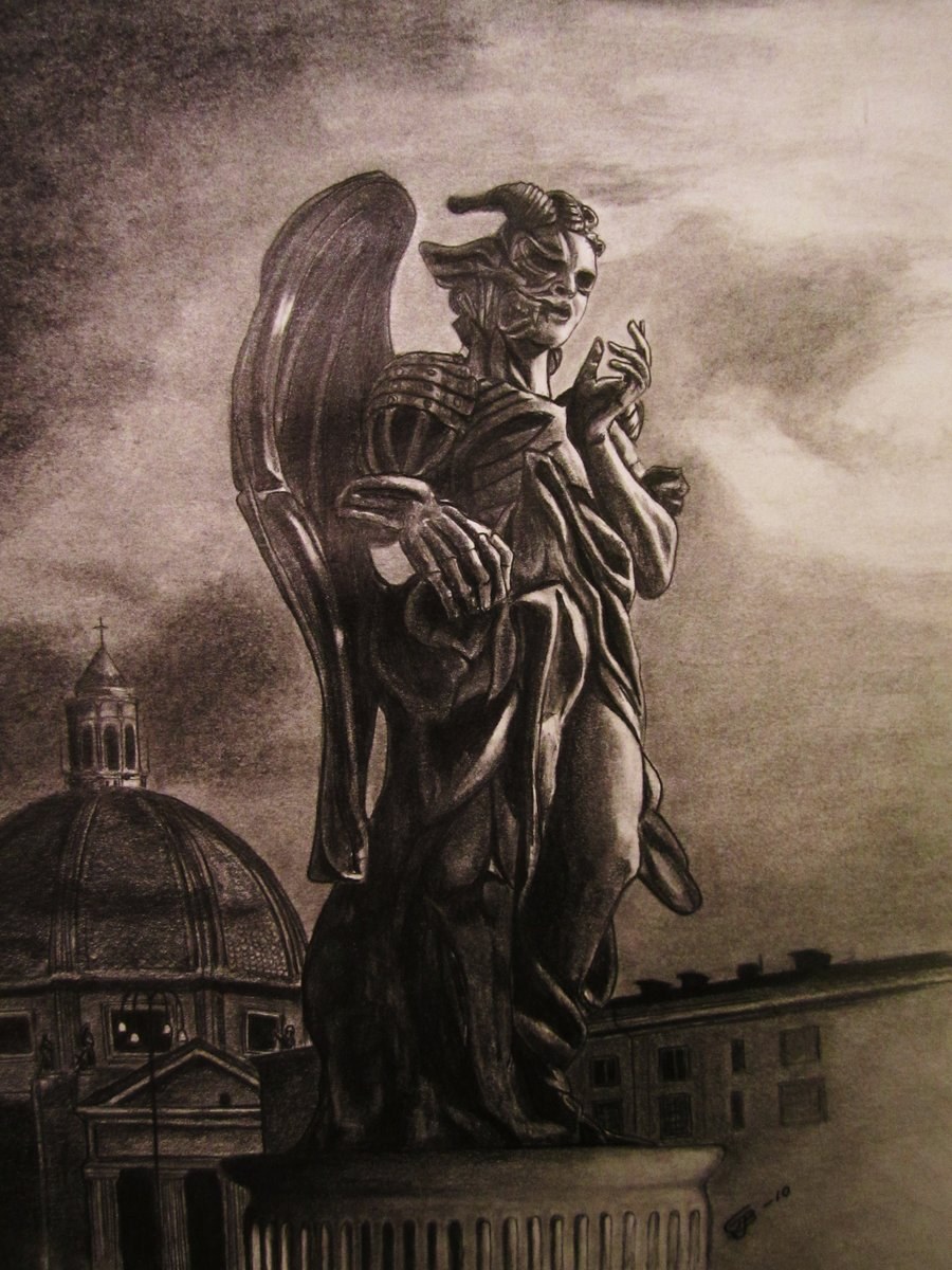 Статуя ангел и демон на площади Пьяцца-дель-Пополо