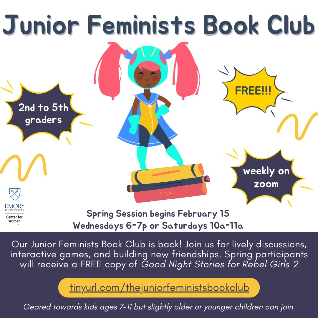 Flyer: Junior Feminists Book Club returns: tinyurl.com/thejuniorfeministbookclub