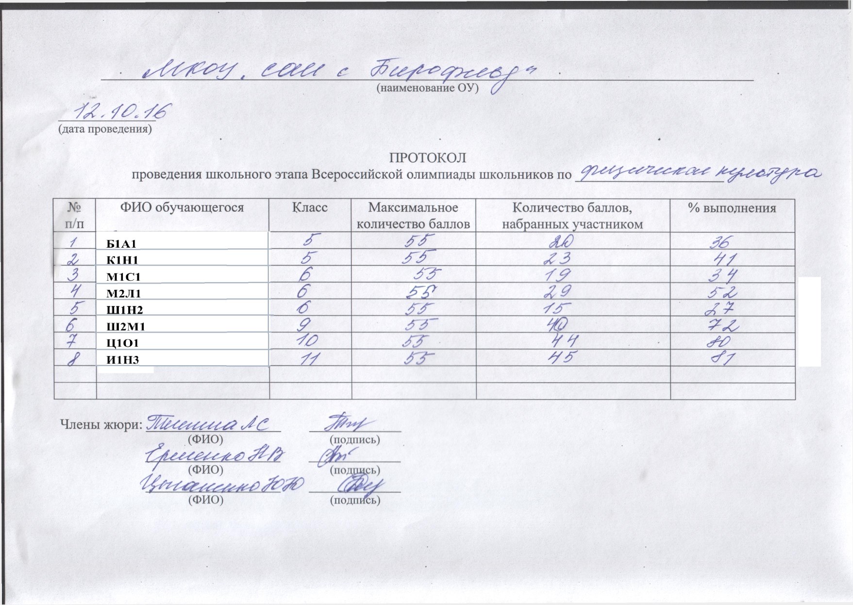 Протокол проведения олимпиады в школе образец