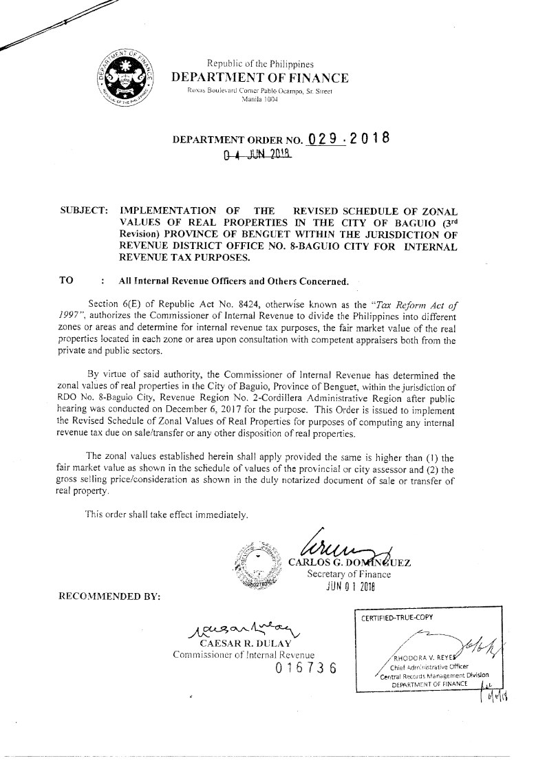 Bir Zonal Values Baguio City Rdo 008 Tax Alert