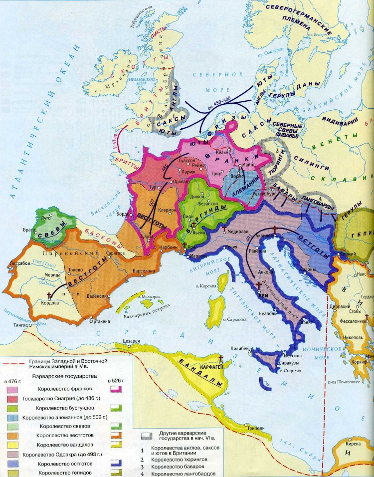 Государства западной европы 6 класс. Варварские королевства 6 века. Варварские королевства в Европе карта. Варварские королевства на территории Западной римской империи. Карта великое переселение народов варварские королевства.