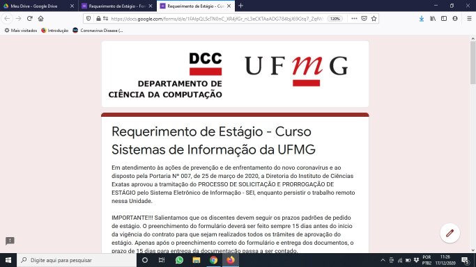 A imagem mostra um print de tela do formulário de requerimento de estágio.