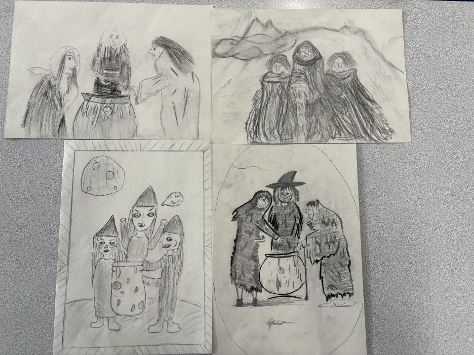 A collection of drawings made by Year 6 of the witches from Macbeth